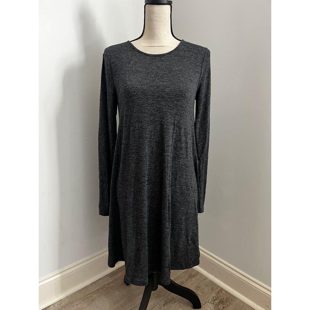 Long Sleeve Gray Swing Dress Medium Charcoal Elevated Basic Minimalist Chic Cozy